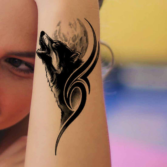 Tribal Wolf Head with Moon tattoo Temporary Waterproof Tattoo For Men and Women…