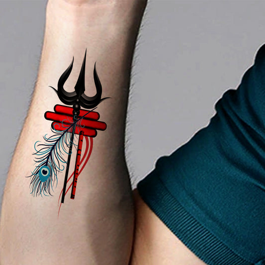 Temporary Tattoowala Lord Shiva Trishul with Peacock Feathers Temporary Tattoo Sticker Black Red Blue Color Combination size ( 11cm x 6 cm)