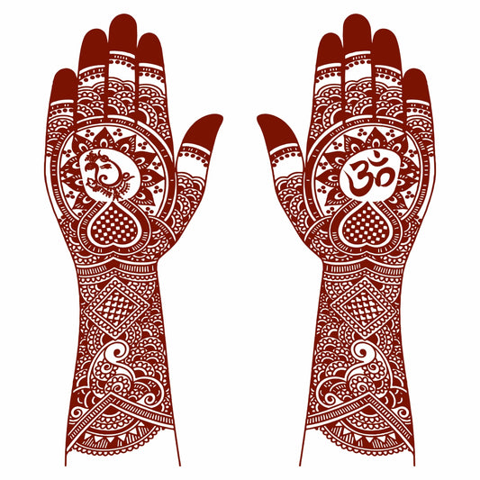 Full Hand Ganesha and Om Henna Tattoo Flower Both Hand Realistic mehndi color on hand For Women