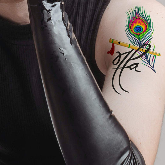 TEMPORARY TATTOOWALA Maa Paa Tattoo With flute And Peacock Feather Temporary waterproof tattoos For Men & Women