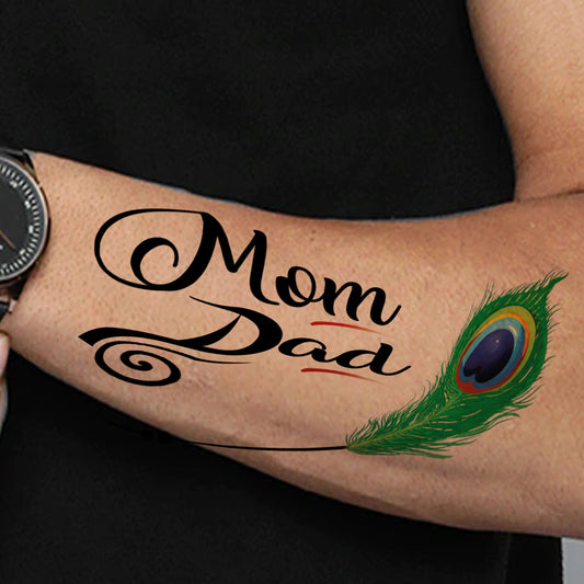 Mom and Dad Tattoo with Peacock Feather Waterproof Temporary Body Tattoo