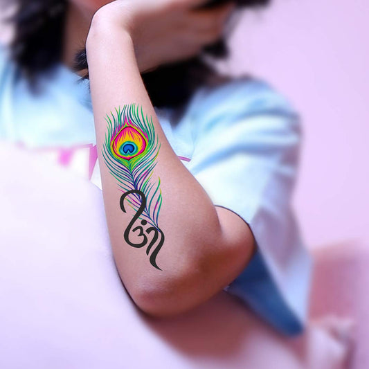 Temporary Tattoowala Peacock Feather with Om Tattoo Temporary Body Waterproof Boy and Girl Tattoo - Temporarytattoowala