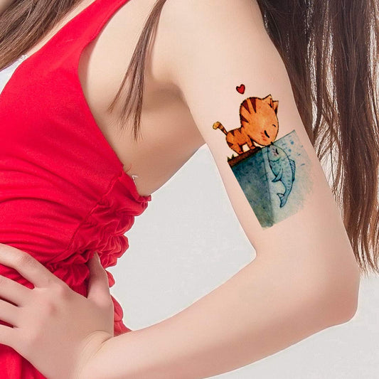 Temporary Tattoowala Cat Kiss Fish Men and Women Waterproof Temporary Body Tattoo