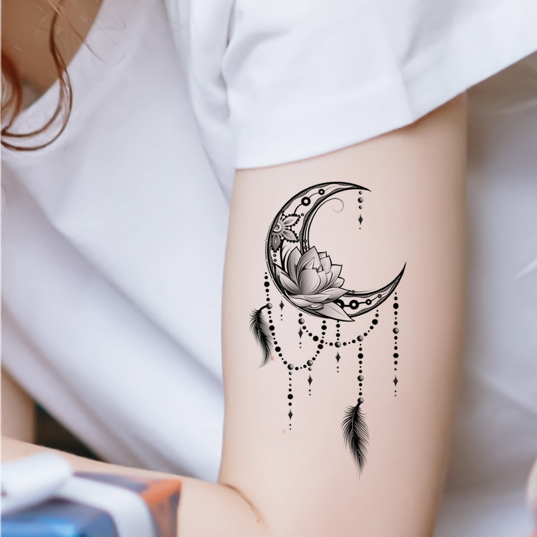 Crescent Moon and Flowers Tattoo Design