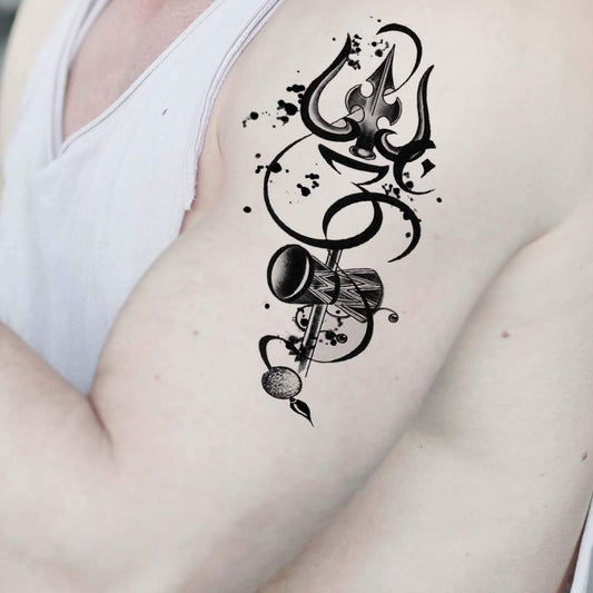 Temporary Tattoowala Trishul with Damru Tattoo Waterproof Men and Women Temporary Body Tattoo (Flute with Shank Tattoo)