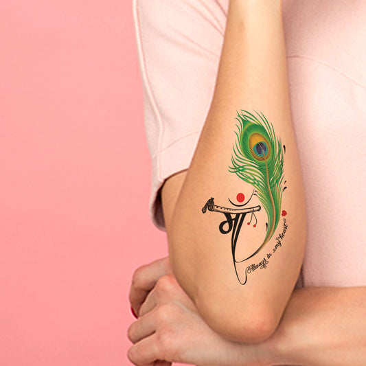 Maa Always in my Heart Peacock feather Temporary Tattoo Waterproof For Male and Female Temporary Body Tattoo