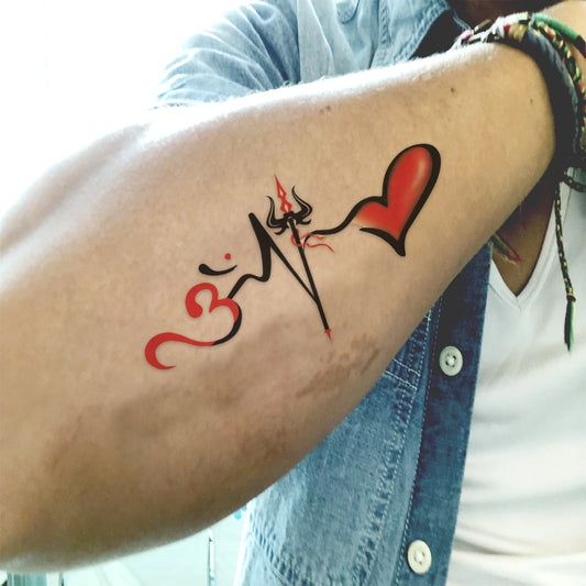 Om and Trishul with Heart Tattoo Waterproof For Boys and Girls Temporary Body Tattoo