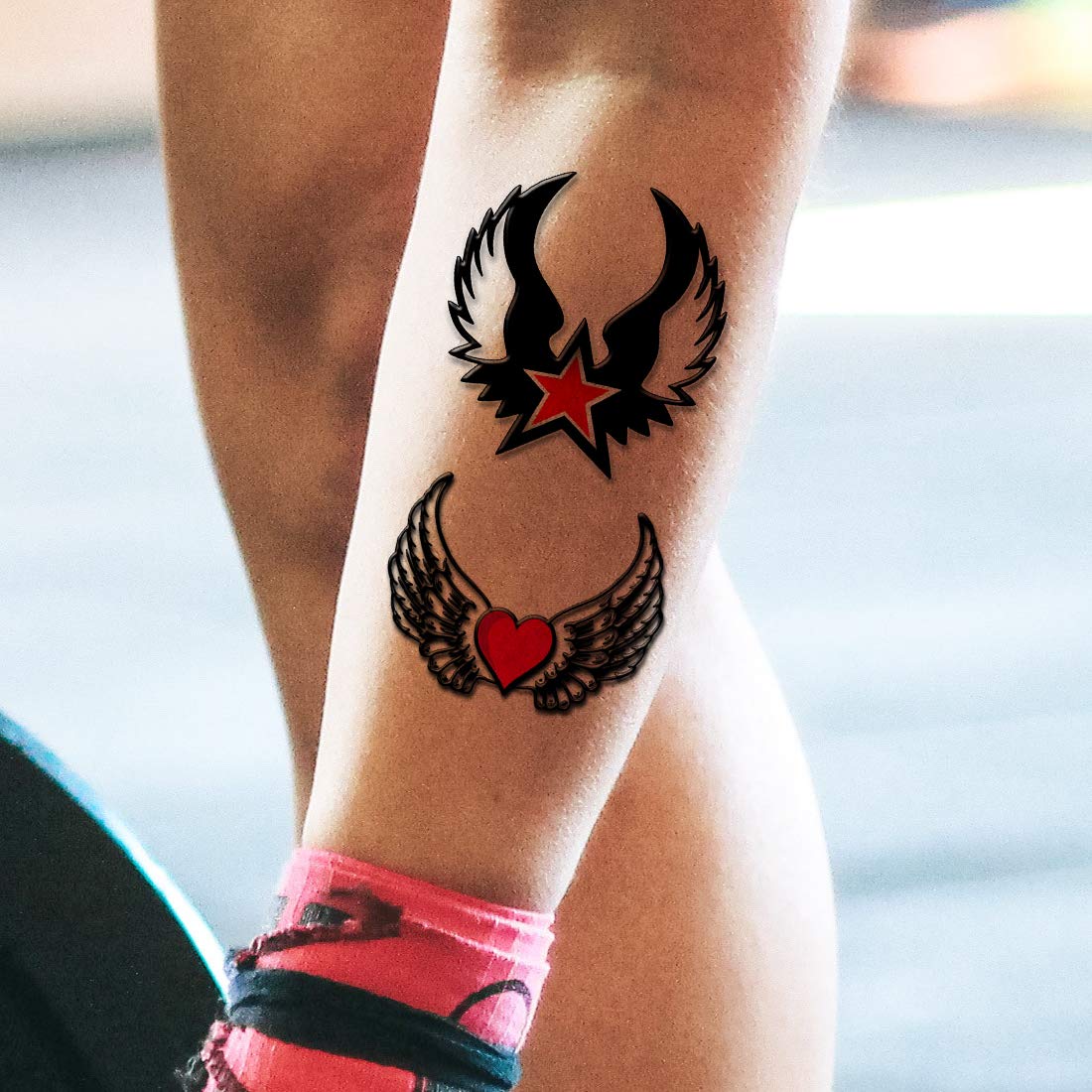 Red Heart Star with Winged Tattoo Waterproof Men and Women Temporary Body Tattoo