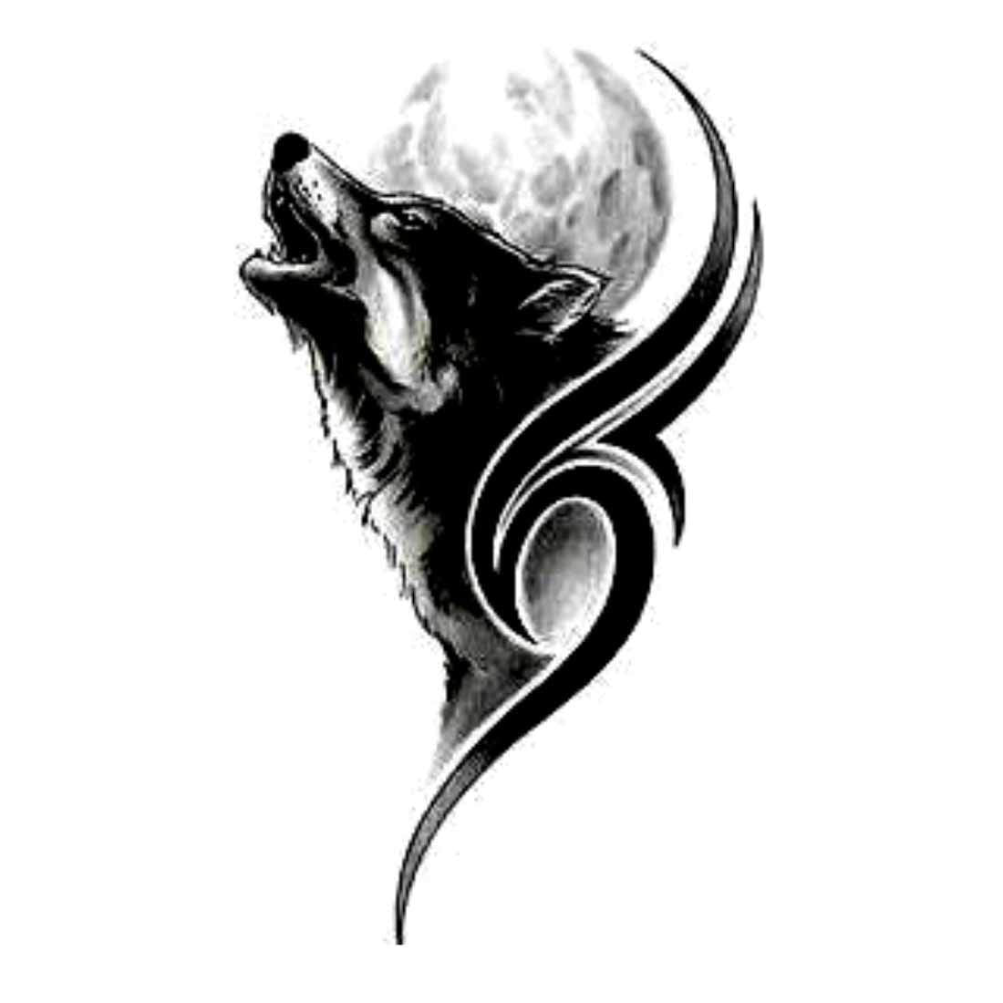 Tribal Wolf Head with Moon tattoo Temporary Waterproof Tattoo For Men and Women…