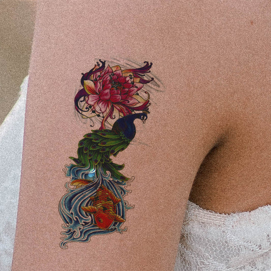 Peacock Tattoo with Fish Flower Waterproof Boys and Girls Temporary Body Tattoo