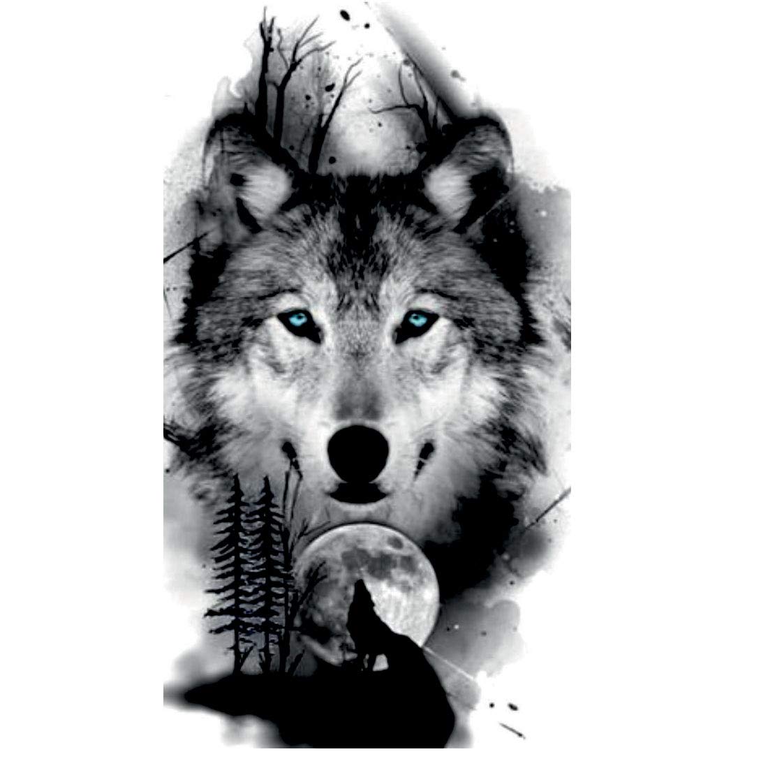 Black and Gray Wolf with Moon Temporary Waterproof Tattoo For Men and Women