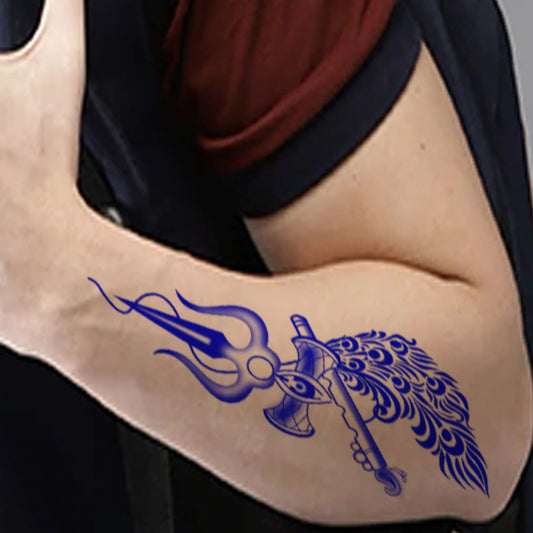 Trishul with Flute Damru Blue Tattoo Feather Waterproof Temporary Body Tattoo