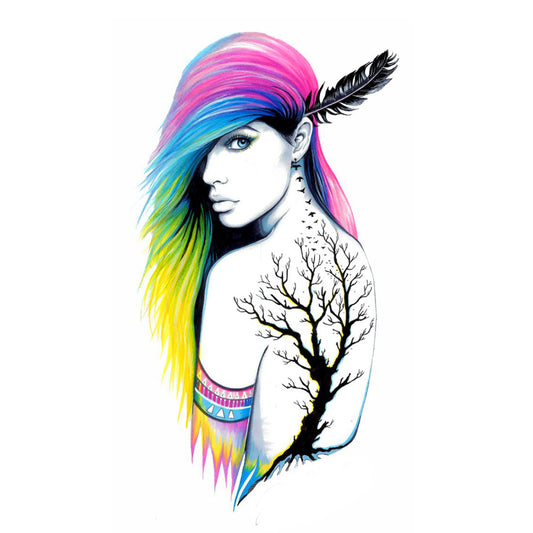 Beautiful Girl Tree Tattoo Feather Waterproof Boys and Girls Temporary Body Tattoo
