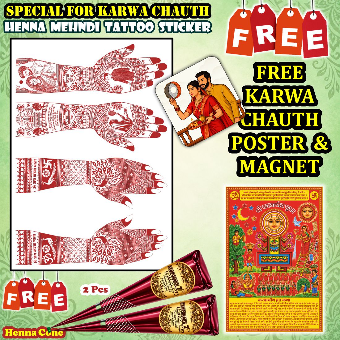 Karwa Chauth Full Hand Double Side Mehndi Sticker For Women & Girls Traditional Indian Festival Temporary Mehndi Tattoo Sticker