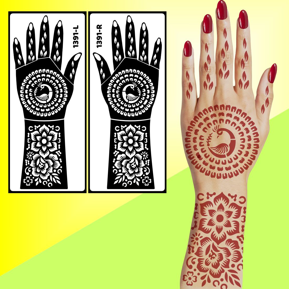 Romantic Couple Bridal Mehndi Stencil Sticker For Palm And Back Hand Use Easy To Use With Instant Beautiful Design