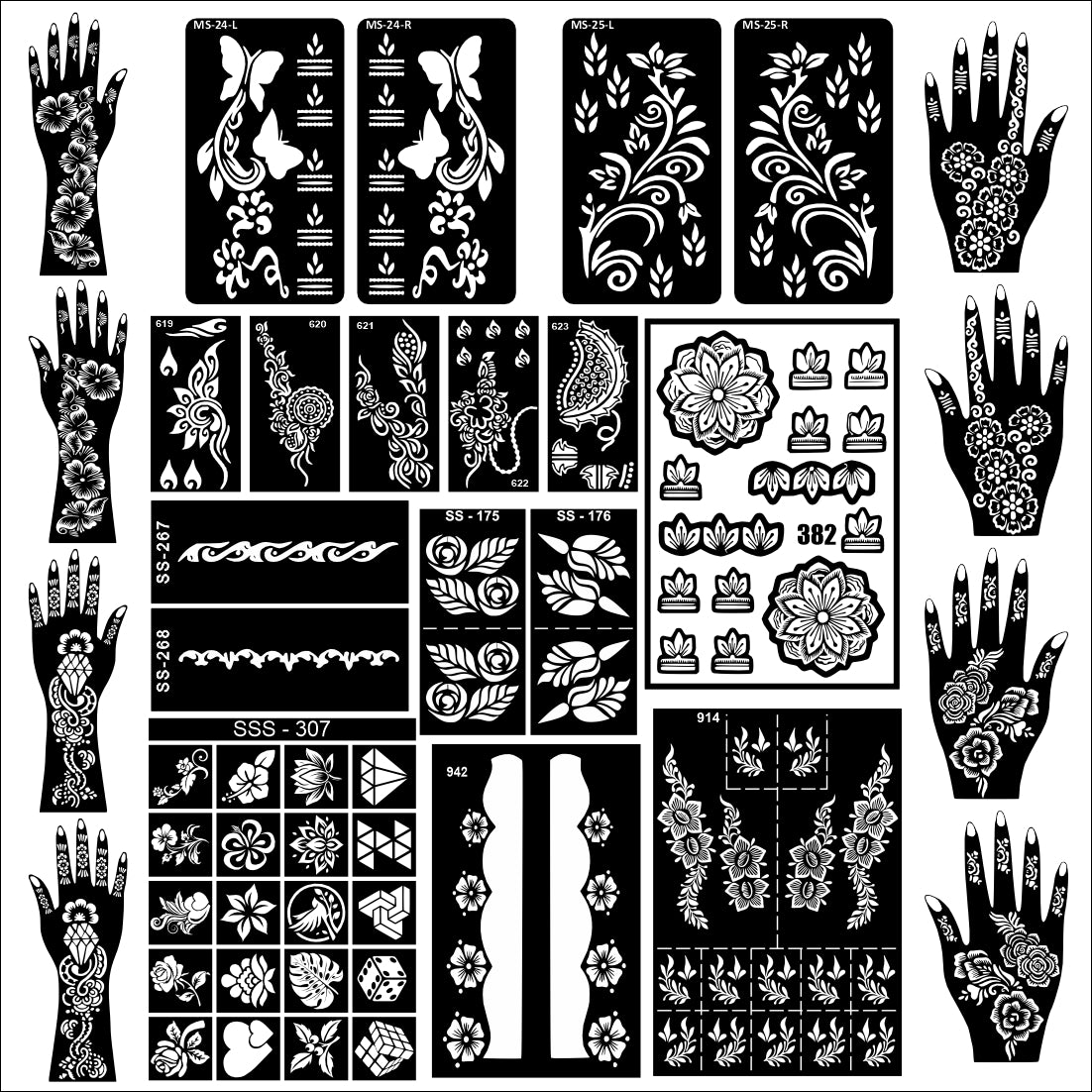 Beautiful Combo Mehndi Stencil Sticker With Finger, Palm Design For Brides