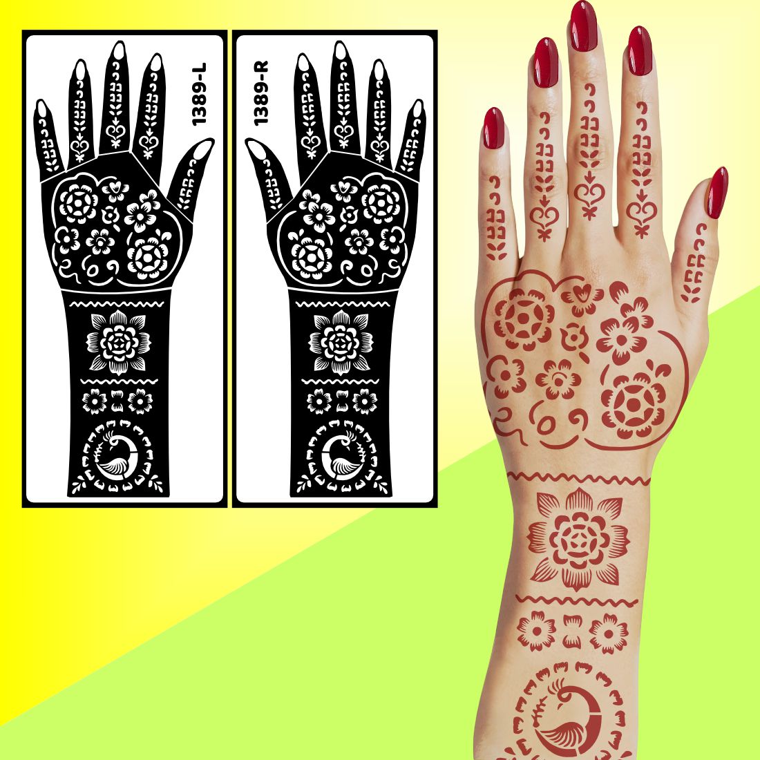 Traditional Full Hand Bridal Mehndi Stencil Sticker With Floral And Leaf Patterns Easy To Use With Instant Beautiful Design