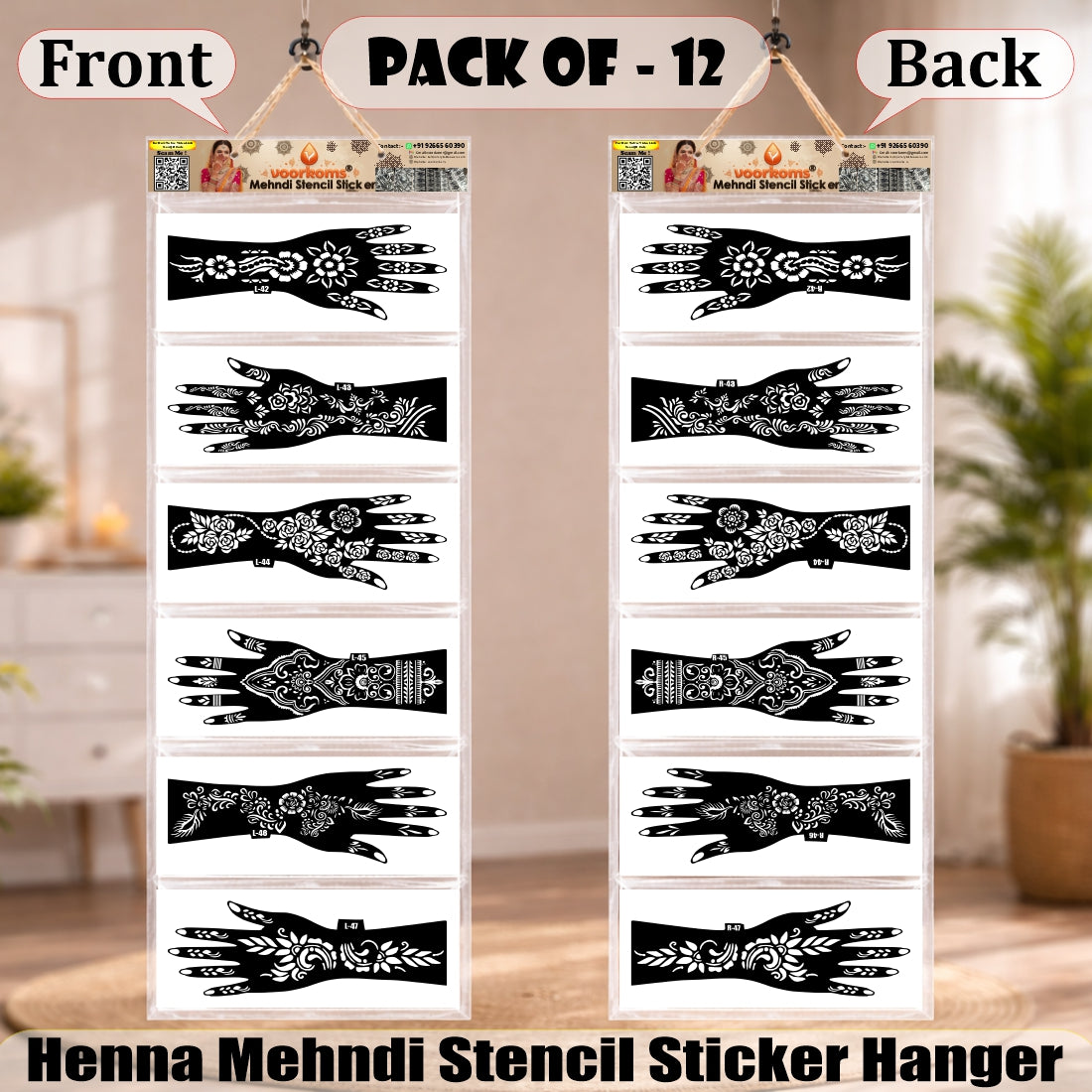 Designer Floral Mehndi Stencil Set.6 Pairs 12 Pcs Premium Full Hand Henna Pattern Templates.