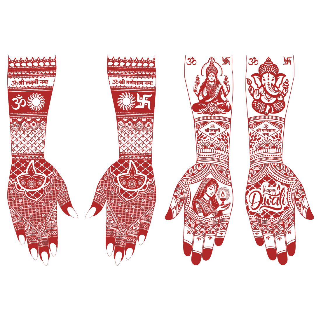 Happy Diwali Mehndi Tattoo Design for Hands Lakshmi Ganesh Festival Henna Art “Om Shri Laxmi Ganesh Namah” & Diya Motif Indian Festive Mehndi Tattoo for Women & Girls