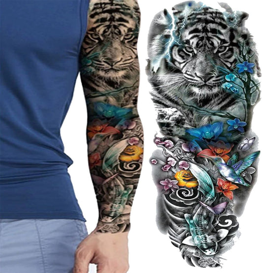 Full Hand Band Lion Animal Tattoo with Flower Waterproof Temporary Body Tattoo