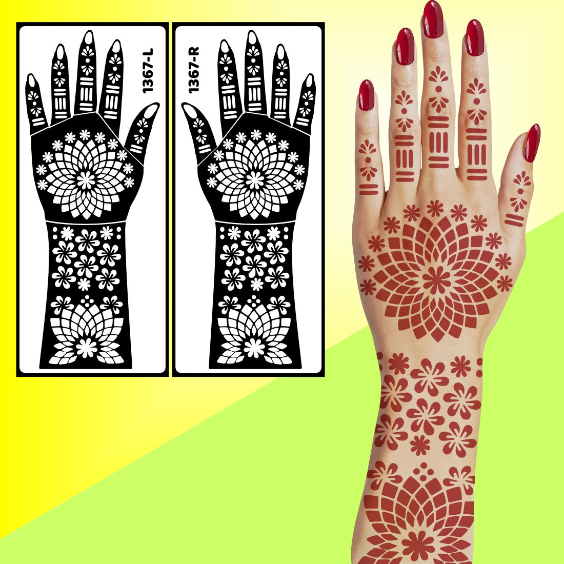 Designer Bridal Mehndi Stencil Sticker With Heart, Leaf, And Mandala Shapes Easy To Use With Instant Beautiful Design
