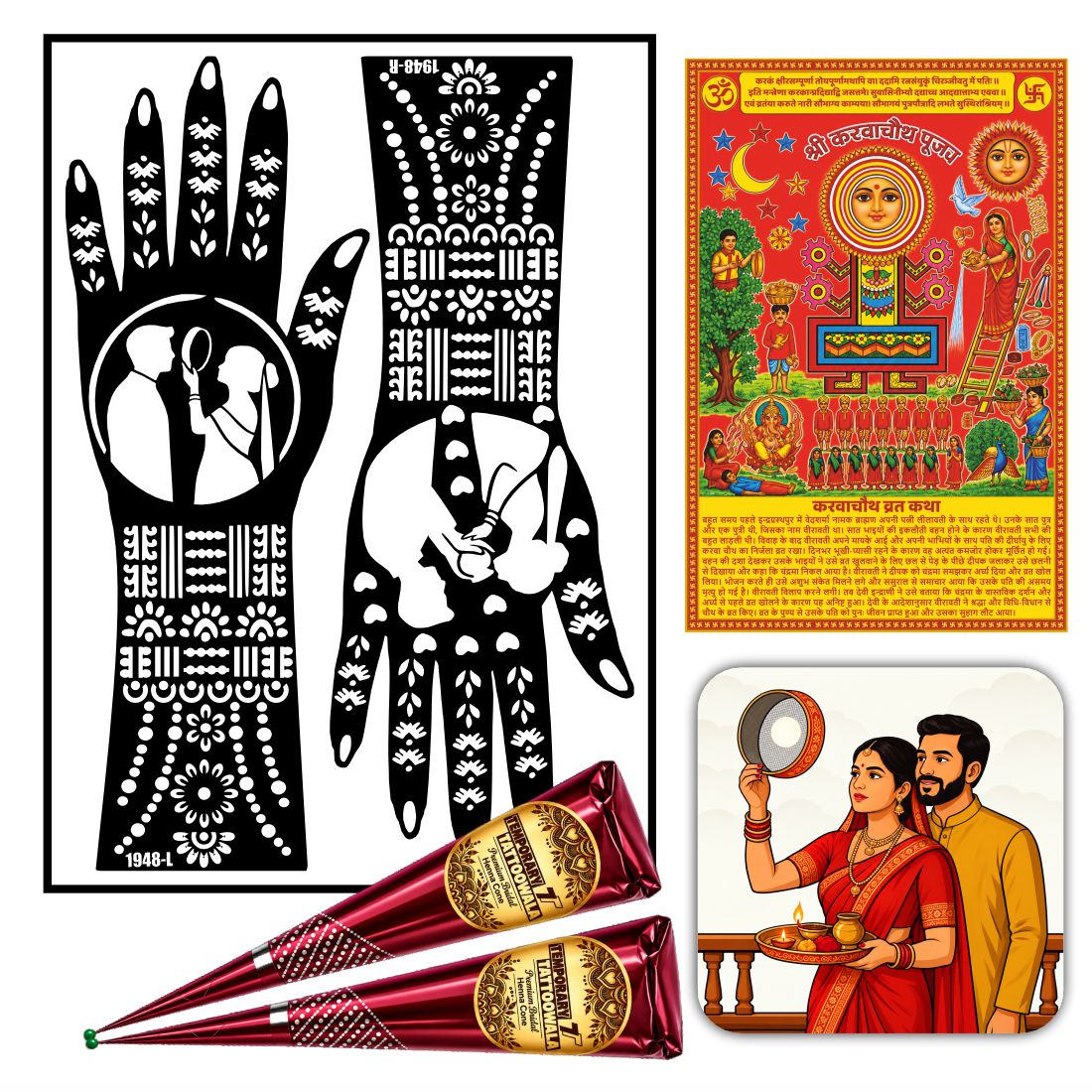Karwa Chauth Mehndi Stencil Sticker For Women & Girls Traditional Henna Design Template Easy Apply Festival Mehndi Sticker
