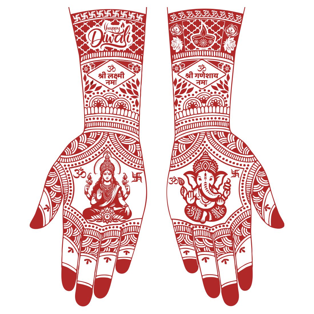 Lakshmi Ganesh Henna Mehndi Tattoo for Diwali Easy Hand Design Template for Festivals, Pooja & Bridal Celebration