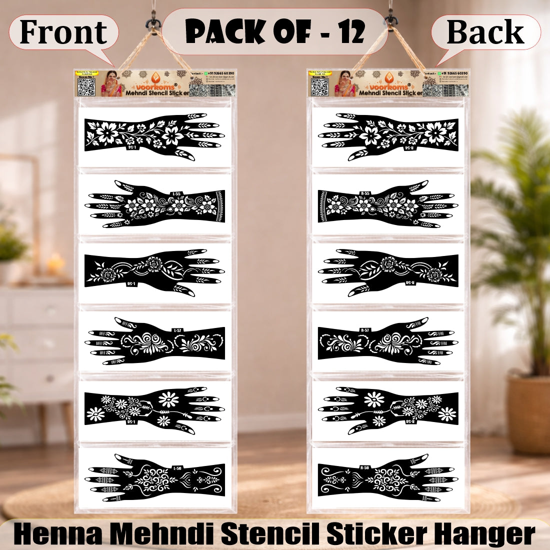 Premium Botanical Mehndi Stencil Pack, 6 Pairs 12 Pcs Full Hand Pattern Templates.