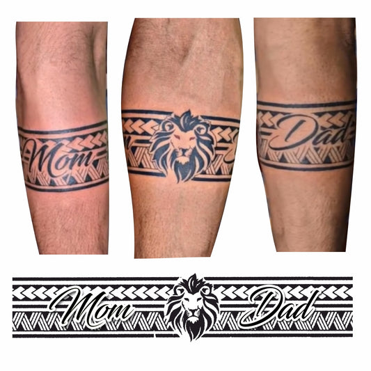 Lion Face with Mom Dad Hand Band Tattoo Stickers 12 x 2.5 inches