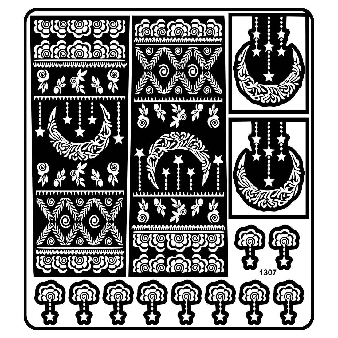 Moon And Star Mehndi Stencil Sticker With Floral And Decorative Patterns