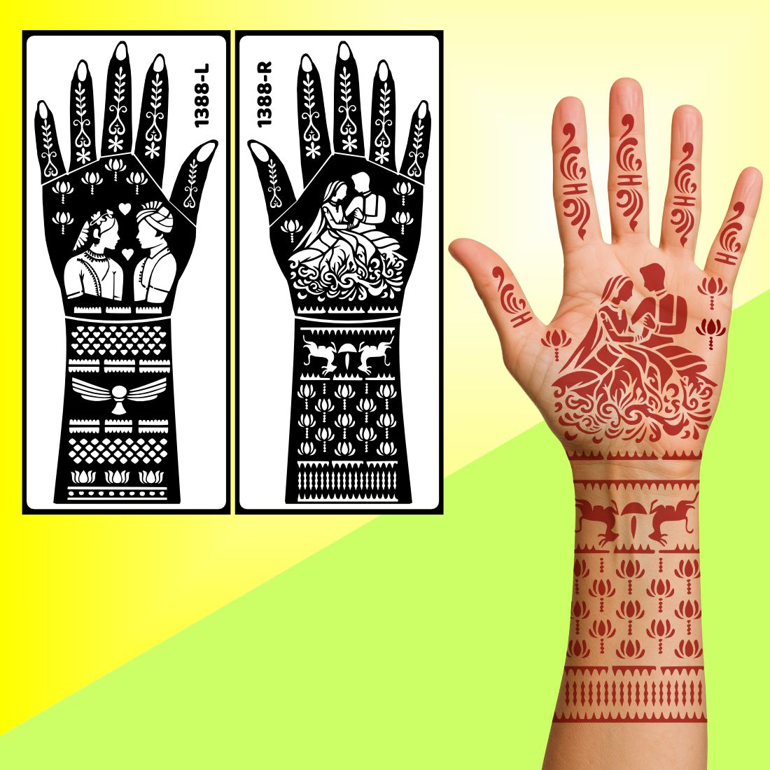 Bridal Mehndi Stencil Sticker With Bride And Groom Design For Hands And Arms Easy To Use With Instant Beautiful Design