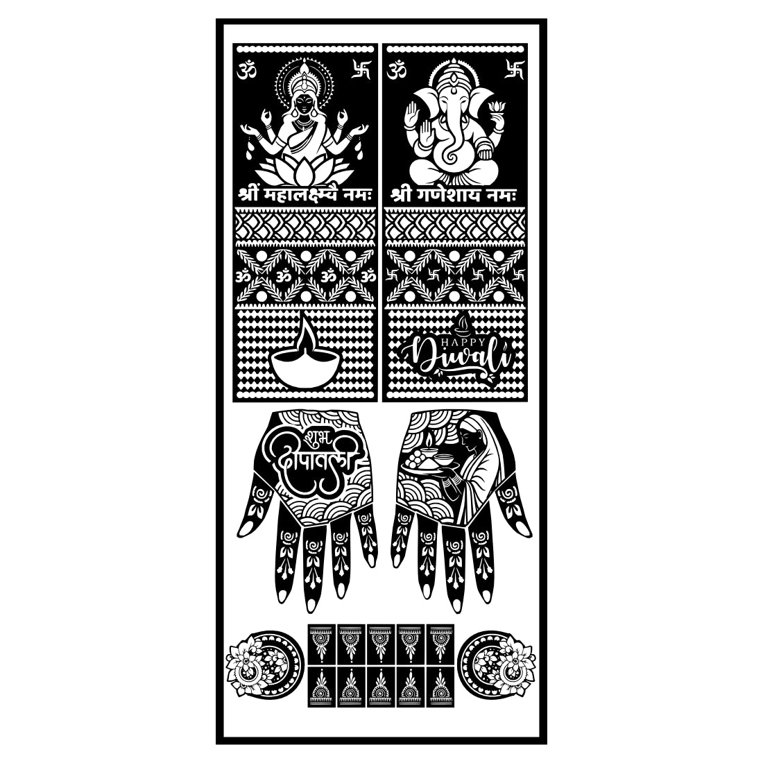 Elegant Diwali Stencil Mehndi Sticker Design for Hands Traditional Lakshmi Ganesh Festival Heena Stencil Mehndi Art “Om Shri Laxmi Ganesh Namah” and Diya