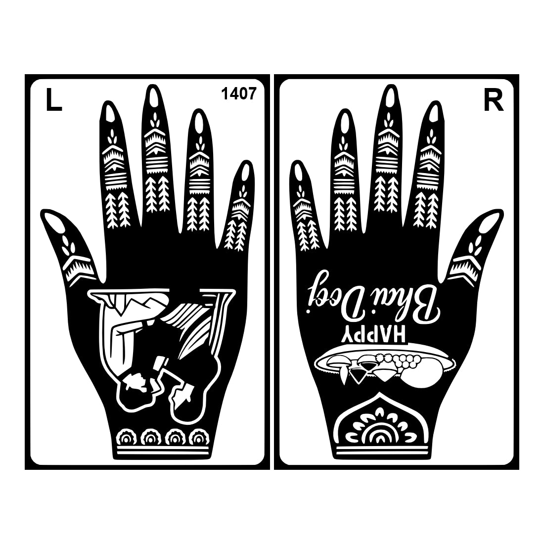 Happy Bhai Dooj Stencil Mehndi Sticker Design for Hands Brother-Sister Festival Heena Art Mehndi Featuring Ritual Plate, Diyas & Bhai Behan