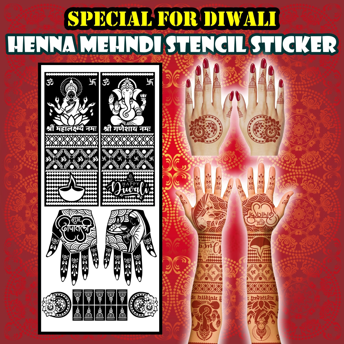 Elegant Diwali Stencil Mehndi Sticker Design for Hands Traditional Lakshmi Ganesh Festival Heena Stencil Mehndi Art “Om Shri Laxmi Ganesh Namah” and Diya