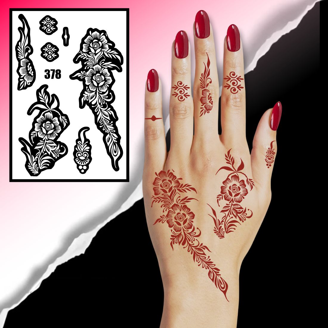 Beautiful Floral Mehndi Stencil Featuring Roses, Leaves & Matching Finger Motifs