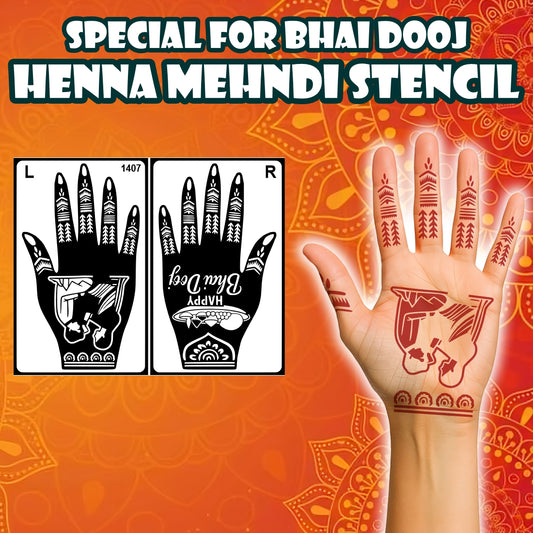 Happy Bhai Dooj Stencil Mehndi Sticker Design for Hands Brother-Sister Festival Heena Art Mehndi Featuring Ritual Plate, Diyas & Bhai Behan