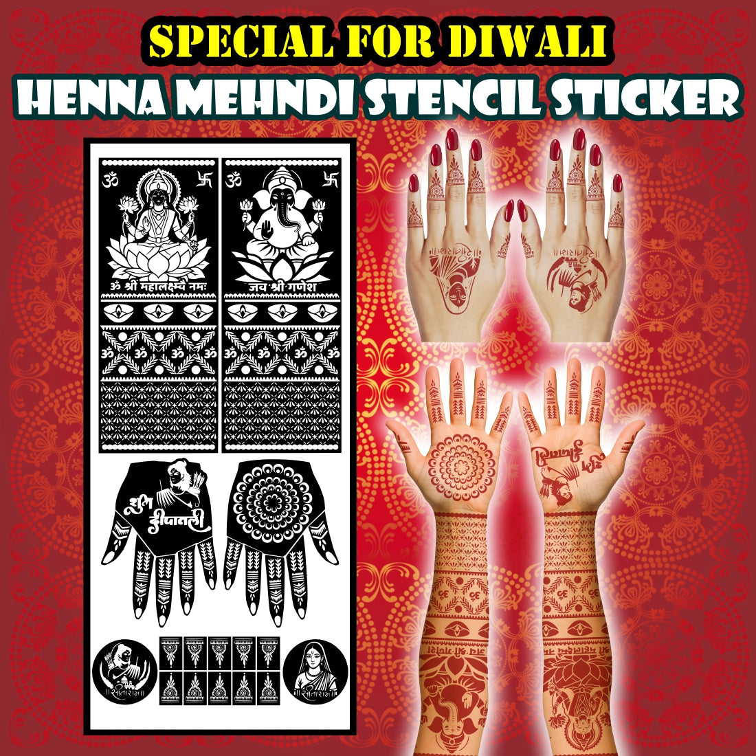 Shubh Diwali Special Stencil Mehndi Sticker Design for Hands Lakshmi Ganesh Traditional Festival Henna Art “Shree Mahalakshmi Namah” and “Jai Shree Ganesh” Mehndi