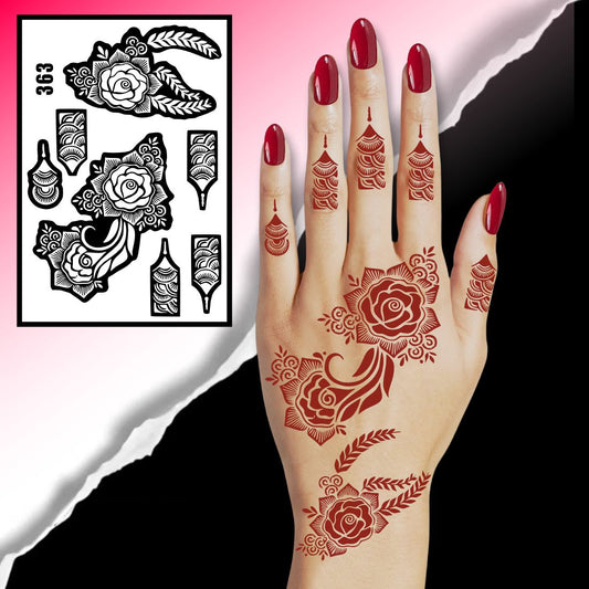 Elegant Rose & Leaf Mehndi Stencil Sticker With Detailed Finger Pattern Designs