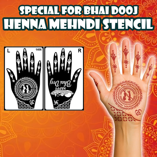 Bhai Dooj Stencil Mehndi Sticker Design for Hands Elegant Brother-Sister Festival Henna Art Happy Bhai Dooj Traditional Heena Pattern Stencil Sticker for Women