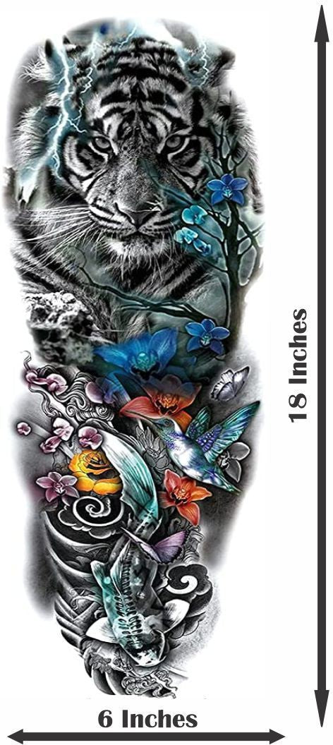 Full Hand Band Lion Animal Tattoo with Flower Waterproof Temporary Body Tattoo