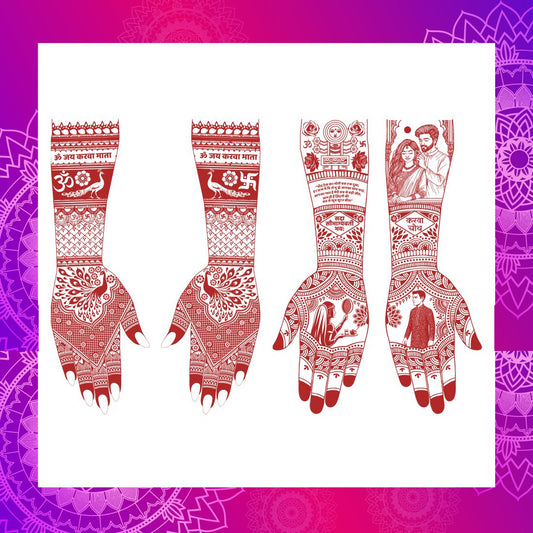 Karwa Chauth Special Full Hand Double Side Mehndi Tattoo Sticker Design With Bride, Groom & Traditional Motifs