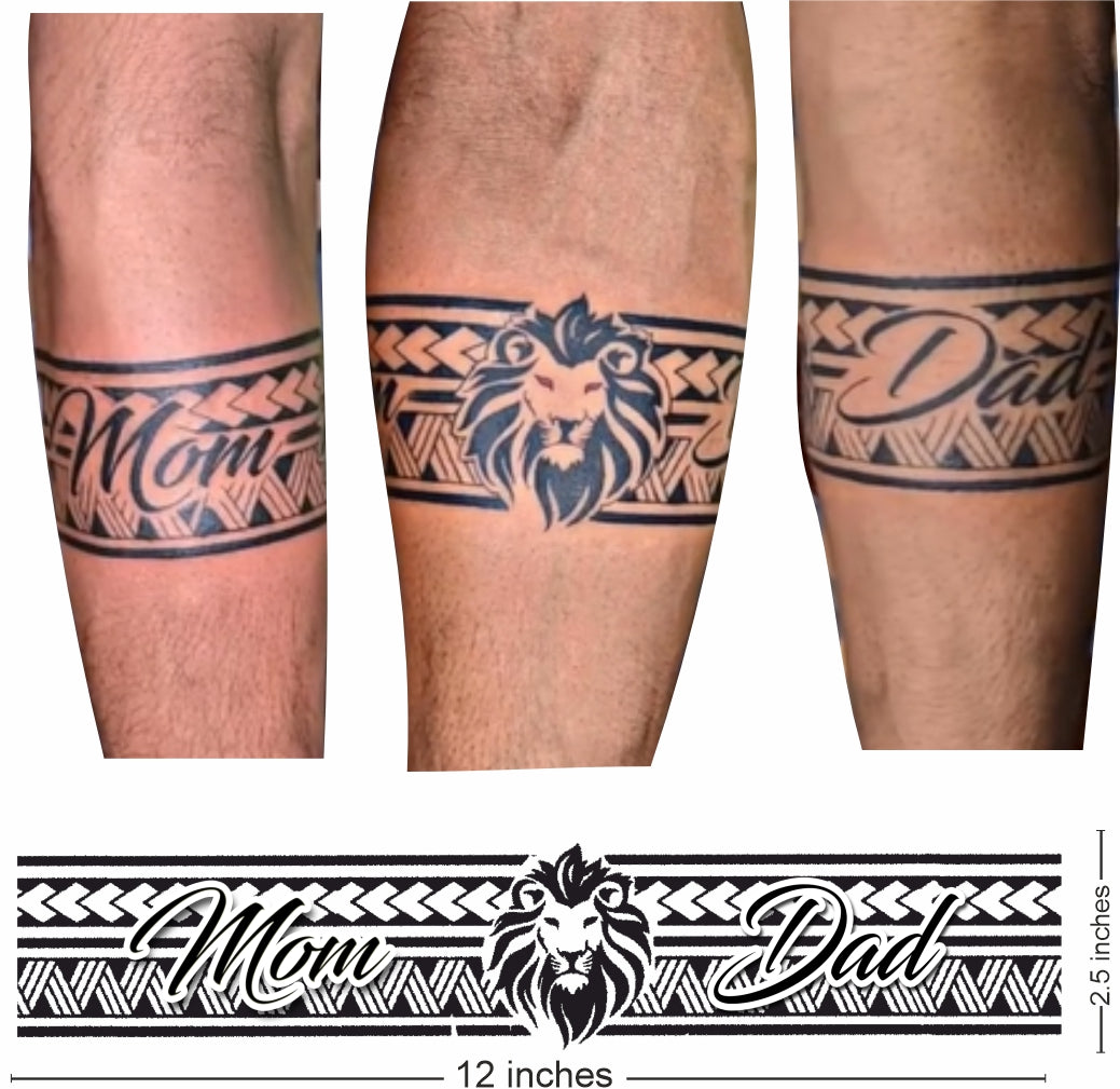 Lion Face with Mom Dad Hand Band Tattoo Stickers 12 x 2.5 inches