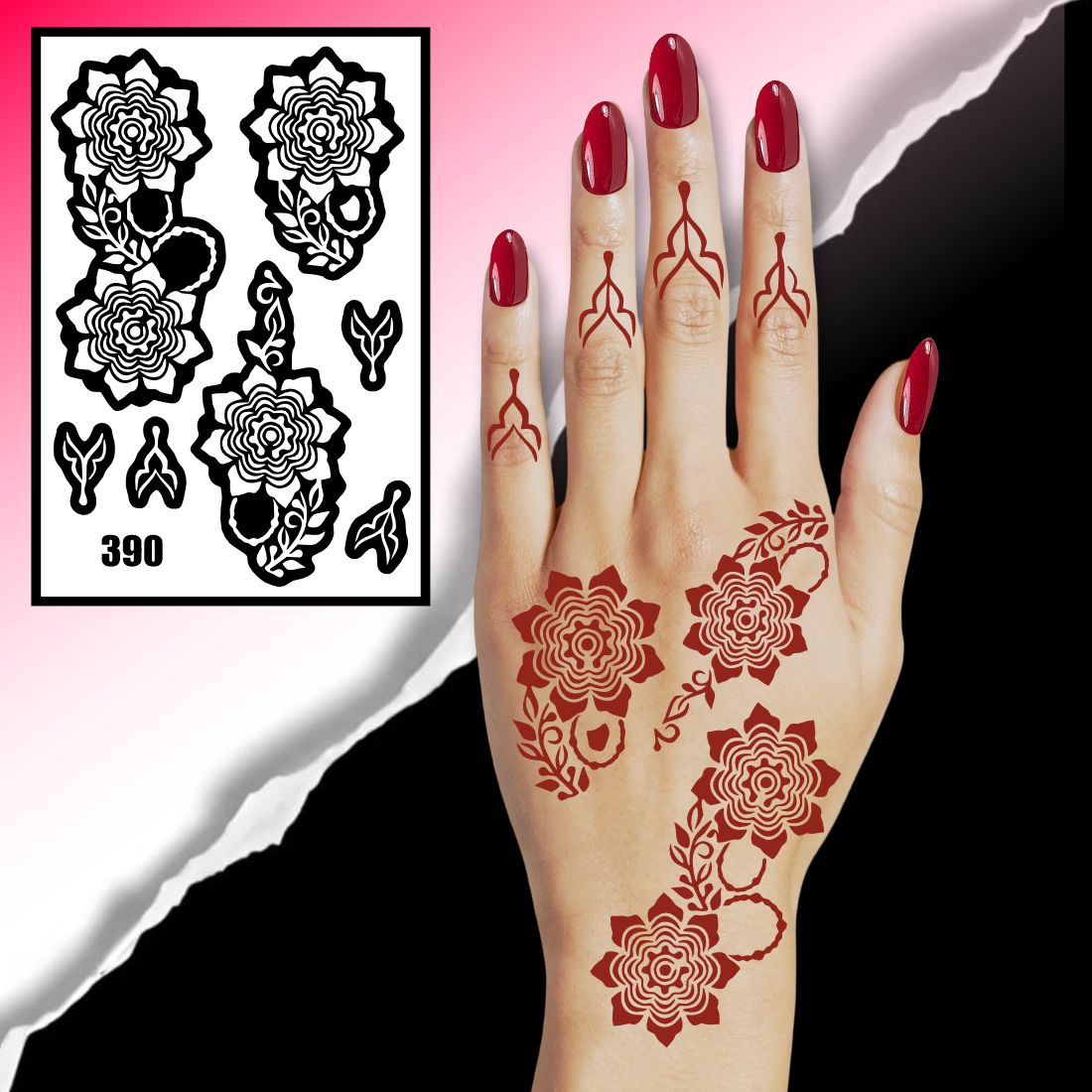 Graceful Floral Henna Stencil With Long Leaf Elements For Elegant Hand