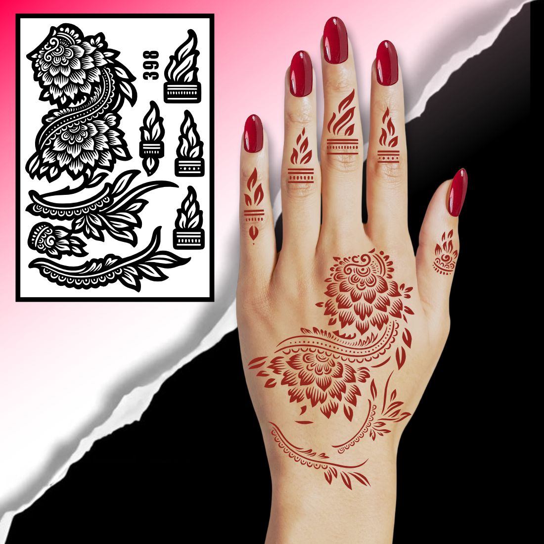 Flower Mehndi Stencil With Bold Leaf Shapes For Hand Designs