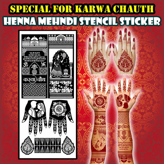 Karwa Chauth Special Stencil Mehndi Sticker With Bride, Couple & Traditional Full Hand Stencil