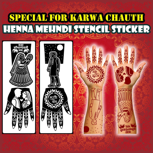 Karwa Chauth Special Stencil Mehndi Sticker with Bride, Groom & Traditional Designs Full Hand Mehndi Stencil Sticker