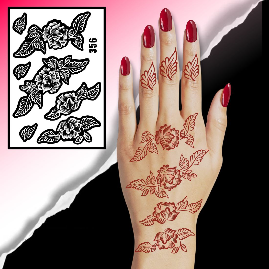 Artistic Mehndi Stencil Featuring Bold Leaf Patterns & Flowing Floral