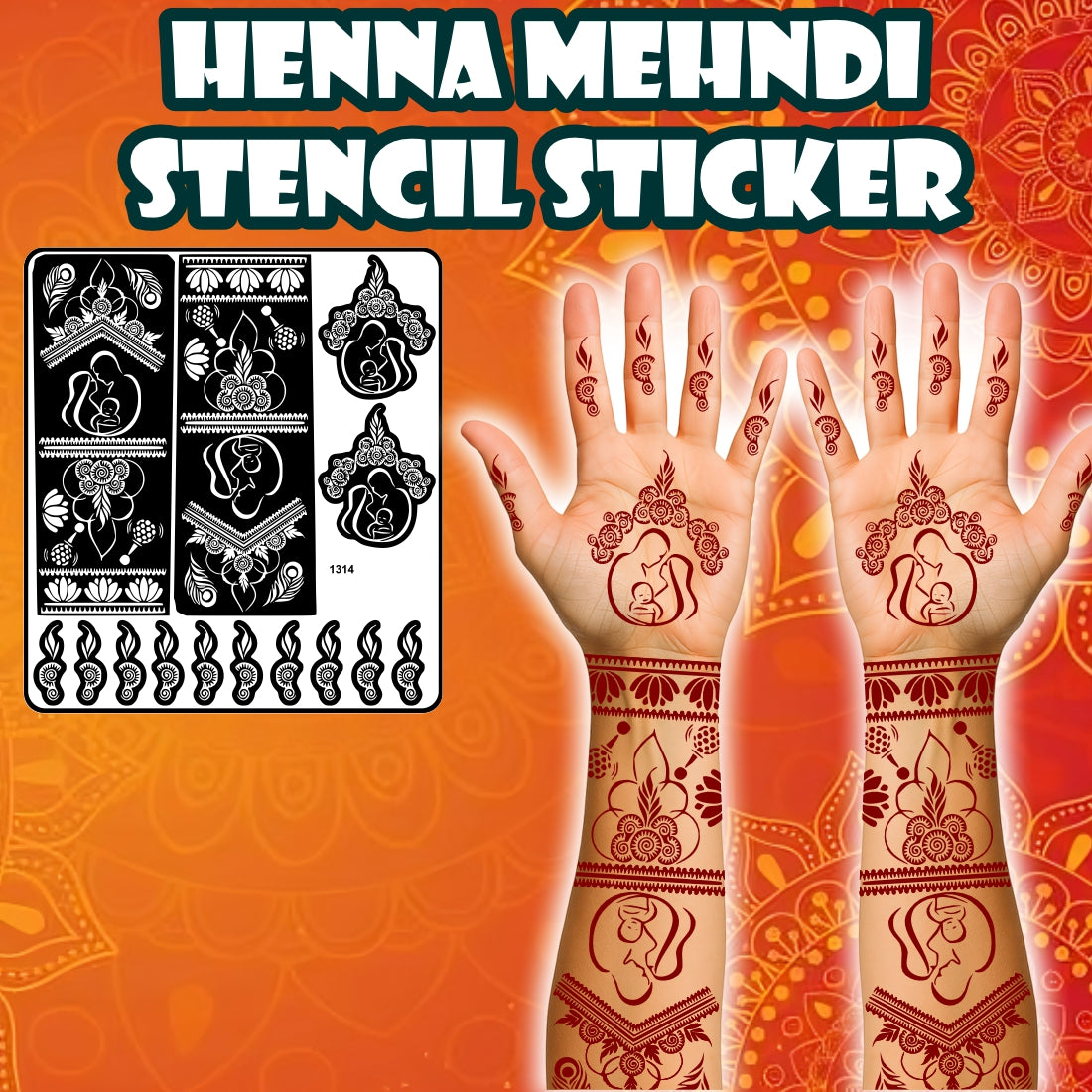 Mother And Child Mehndi Stencil Sticker With Floral And Traditional Patterns For Baby Shower Fanstion