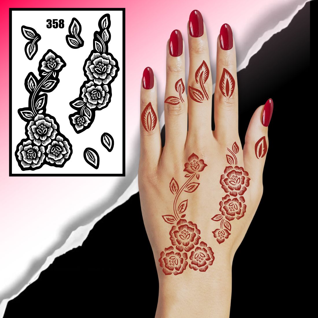 Reusable Henna Stencil With Large Leaf Motifs And Smooth Curved Floral Patterns