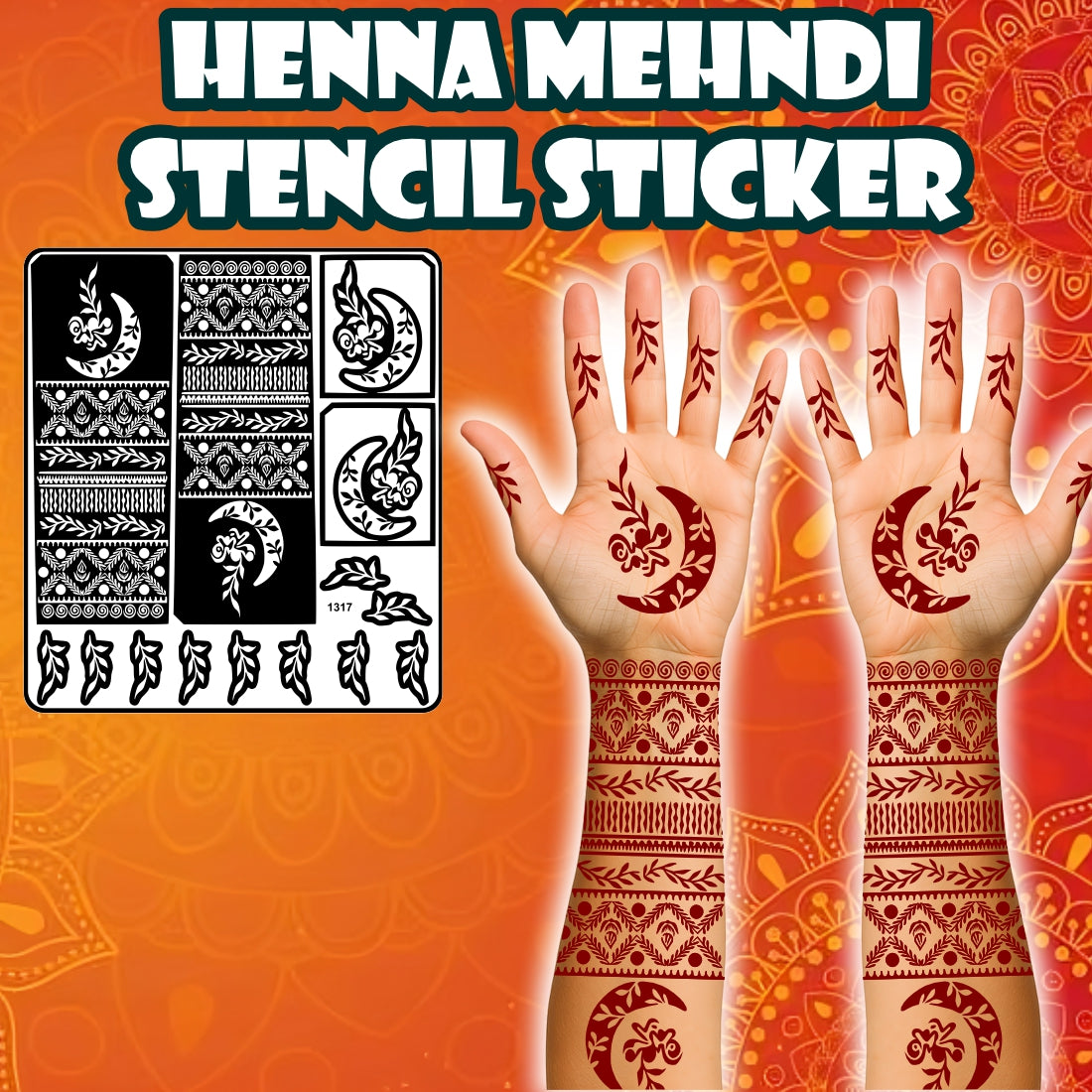 Special Moon And Star Mehndi Stencil Sticker With Floral And Traditional Design Patterns